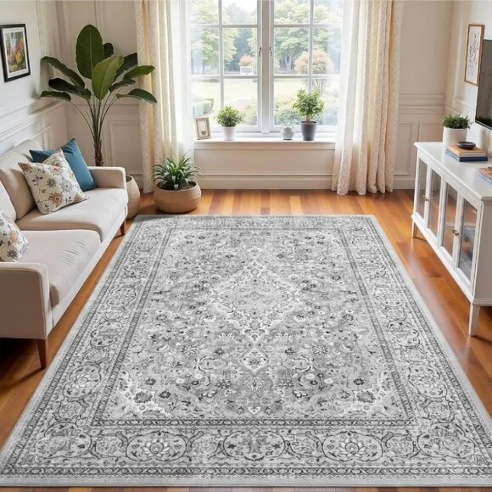 New 4x6 Grey Boho Area Rug, Washable Vintage Floral Non-Slip Carpet for Bedroom